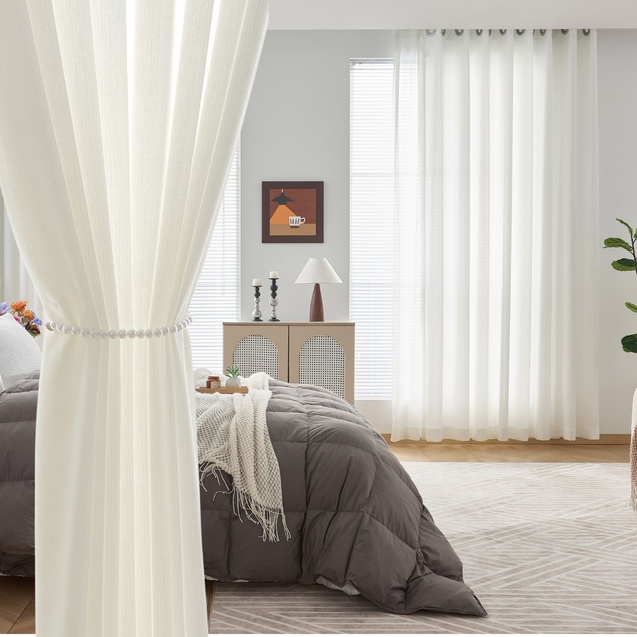 White Window Curtains Beaded Tie-Back Rod Pocket Voile Bengaluru