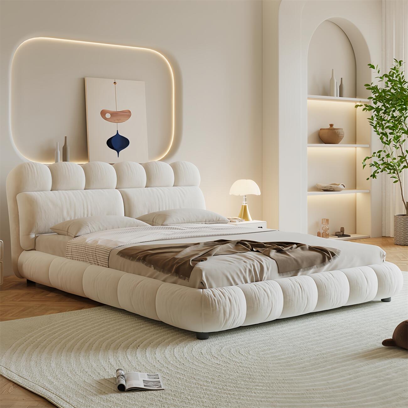 Japandi Style Fleece Bed Frame for Bedroom