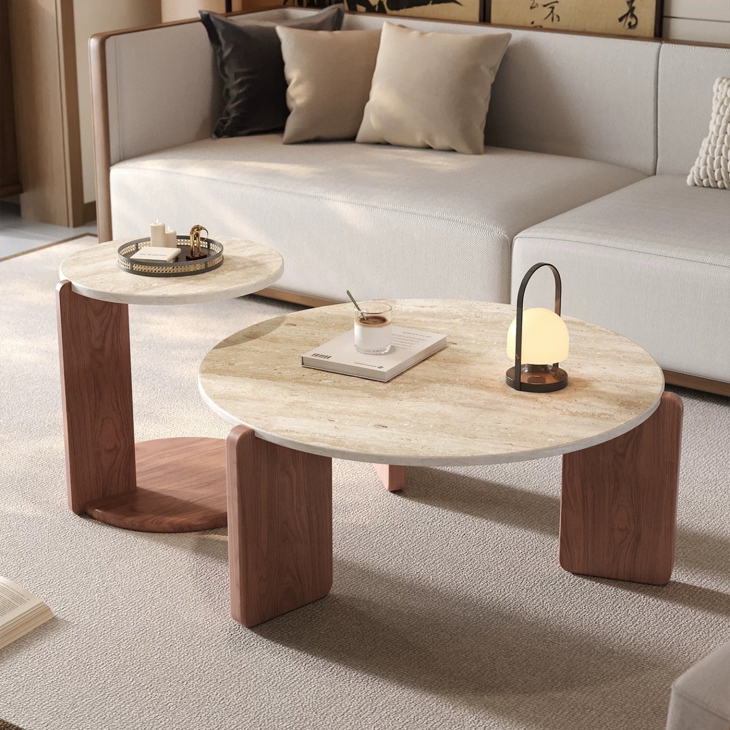 Travertine Stone Round Coffee Table Walnut Rect Base 2-Piece | Custom Made Direct From Manufacturer
