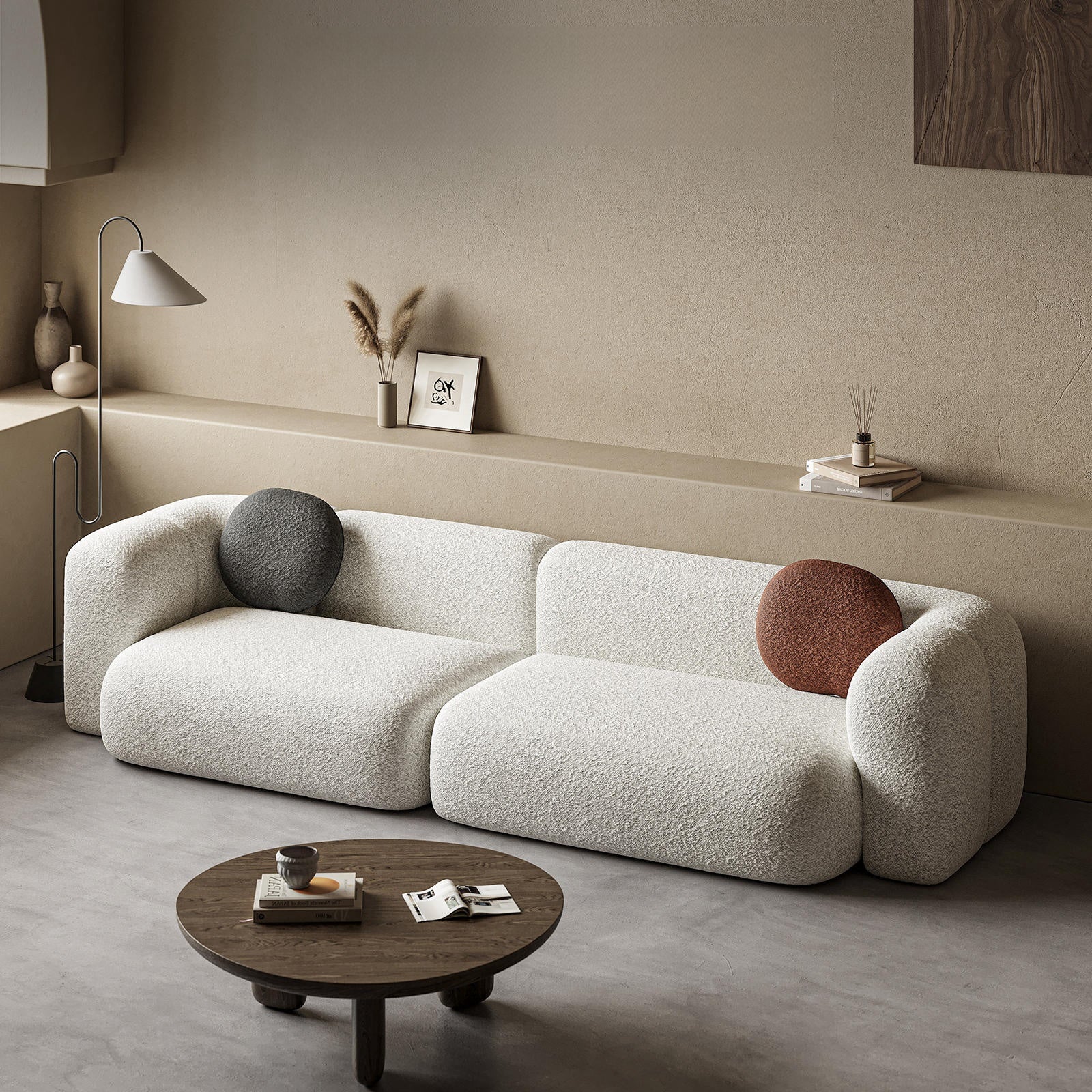 Beige Fleece Sofa Modular Sectional Round Cushions