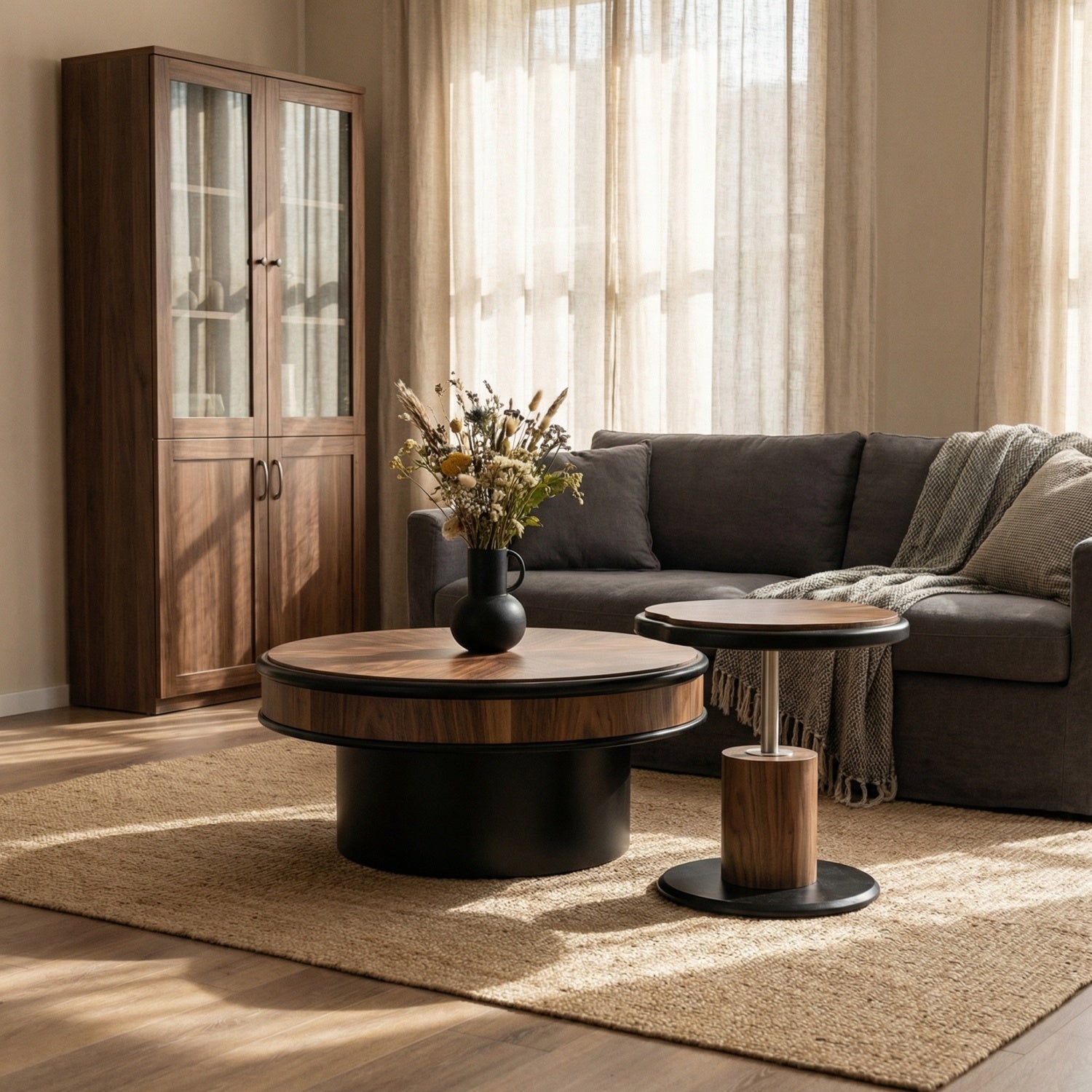 Round Coffee Table Set Walnut 2-Piece Dual Height Living Room | Custom Made Direct From Manufacturer