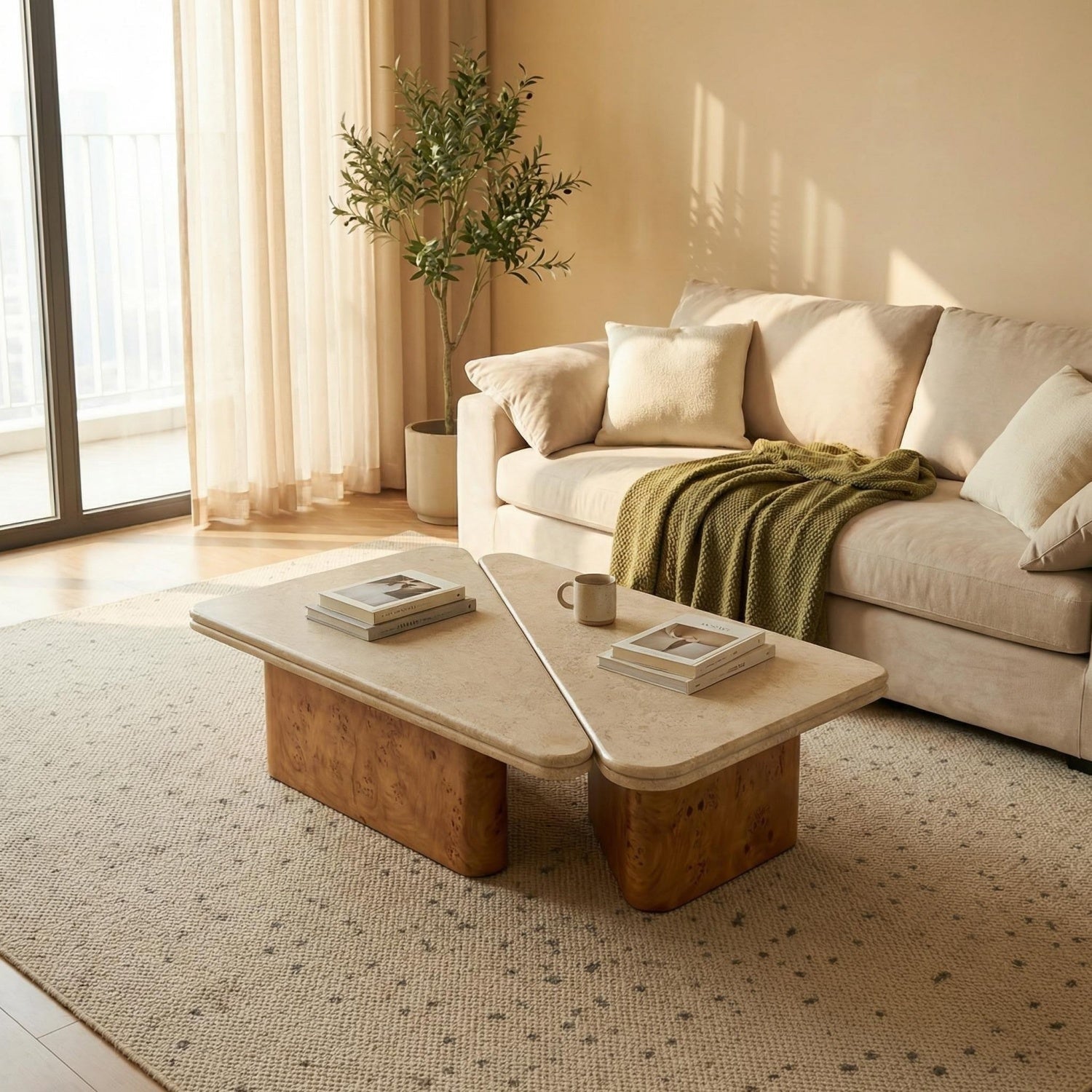 Triangle Travertine Stone Coffee Table Modular Walnut Bengaluru | Custom Made Direct From Manufacturer
