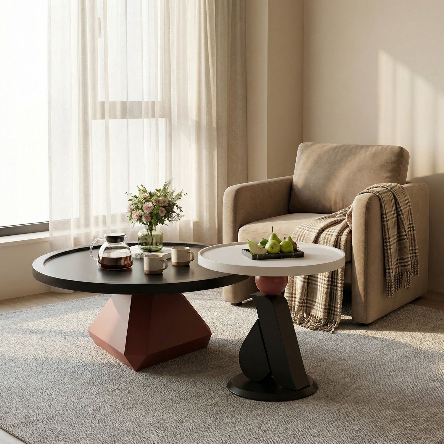 Coffee Table Set Sculptural Red Base Black White 2-Piece Bengaluru | Custom Made Direct From Manufacturer
