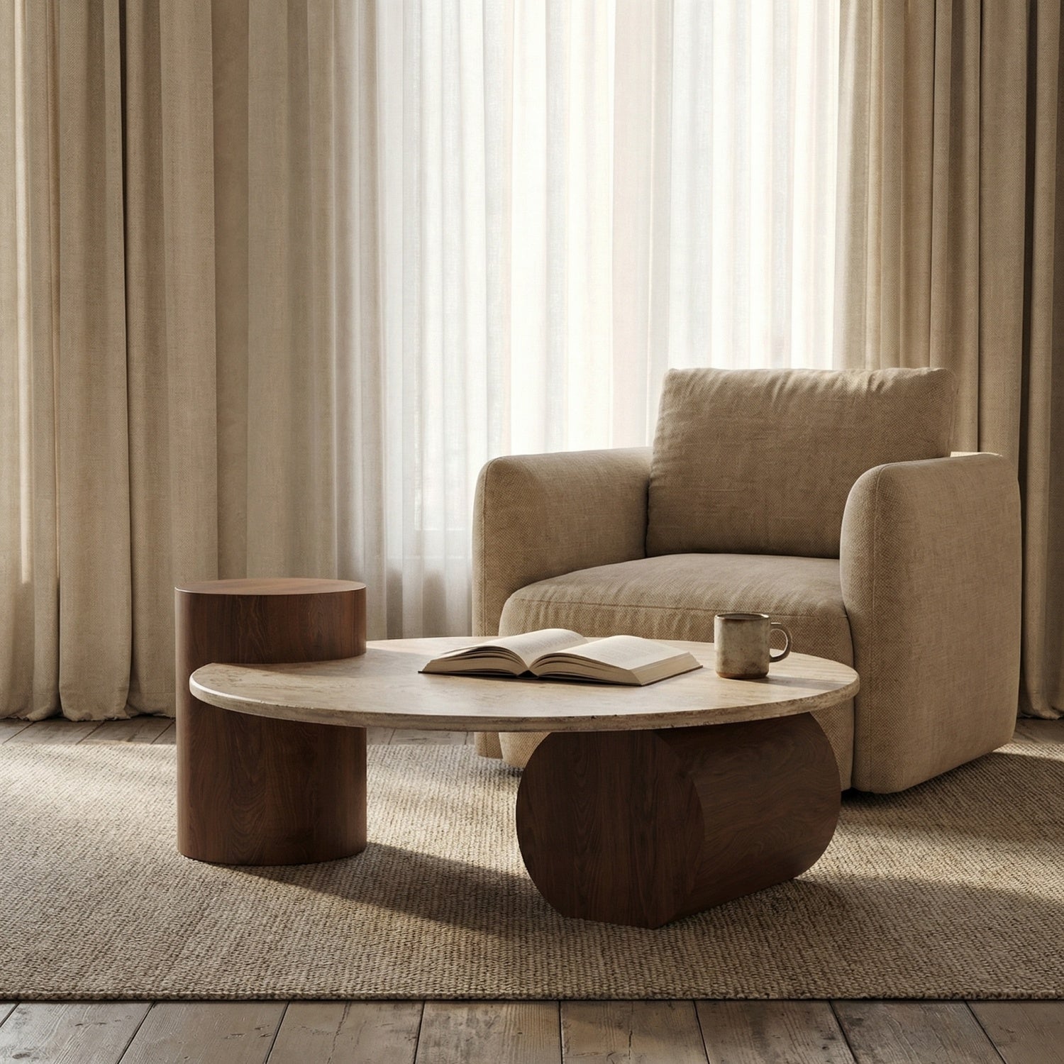 Travertine Sintered Stone Coffee Table Set Walnut Column 2-Piece Bengaluru