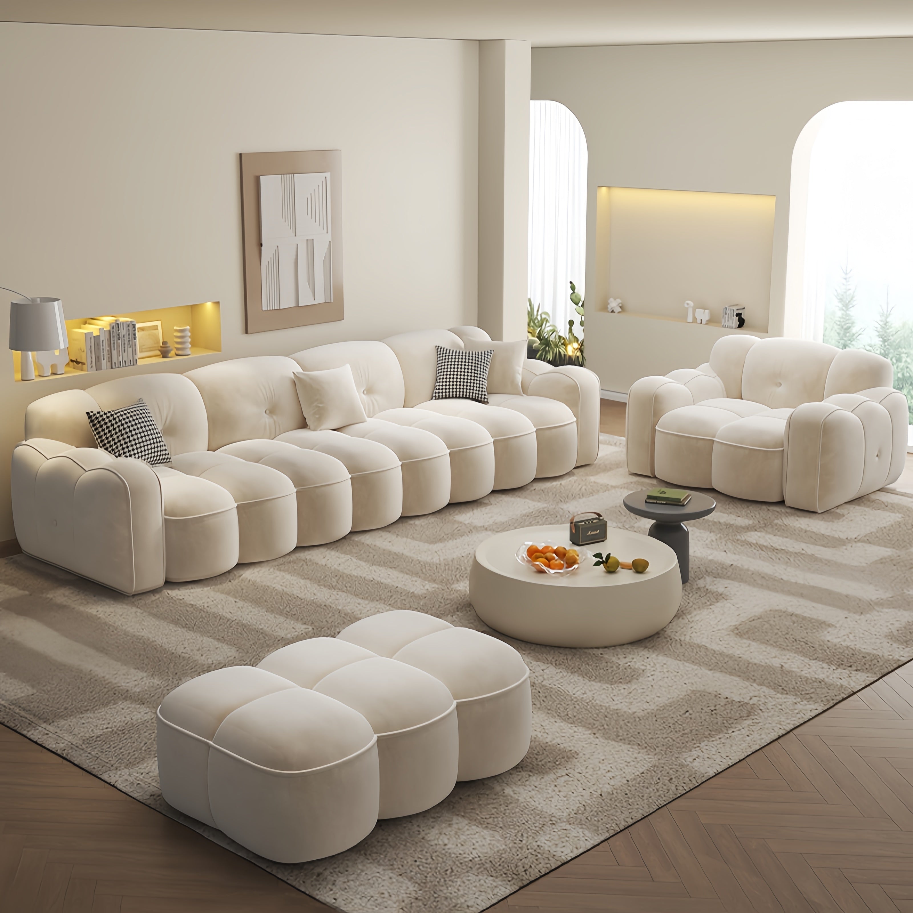Wave Back Sofa Fleece Tufted 1-4 Seat Footstool Cream