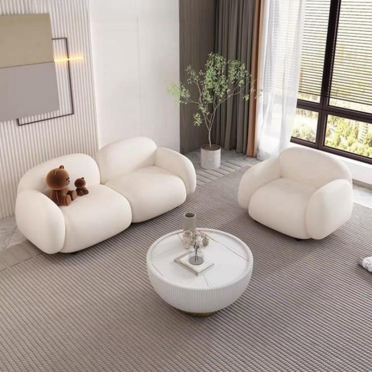 Beige Fleece Sofa Rounded Plush Design 1-3 Seats