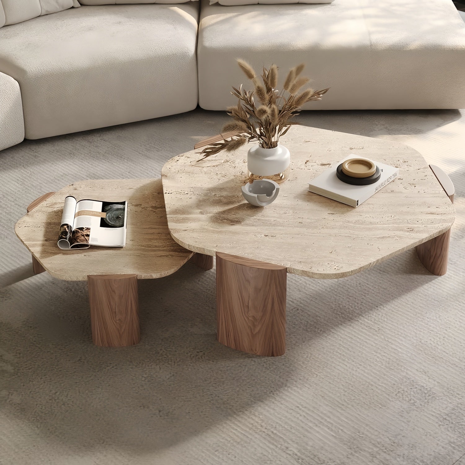 Hexagon Travertine Stone Coffee Table Walnut Frame Bengaluru | Custom Made Direct From Manufacturer