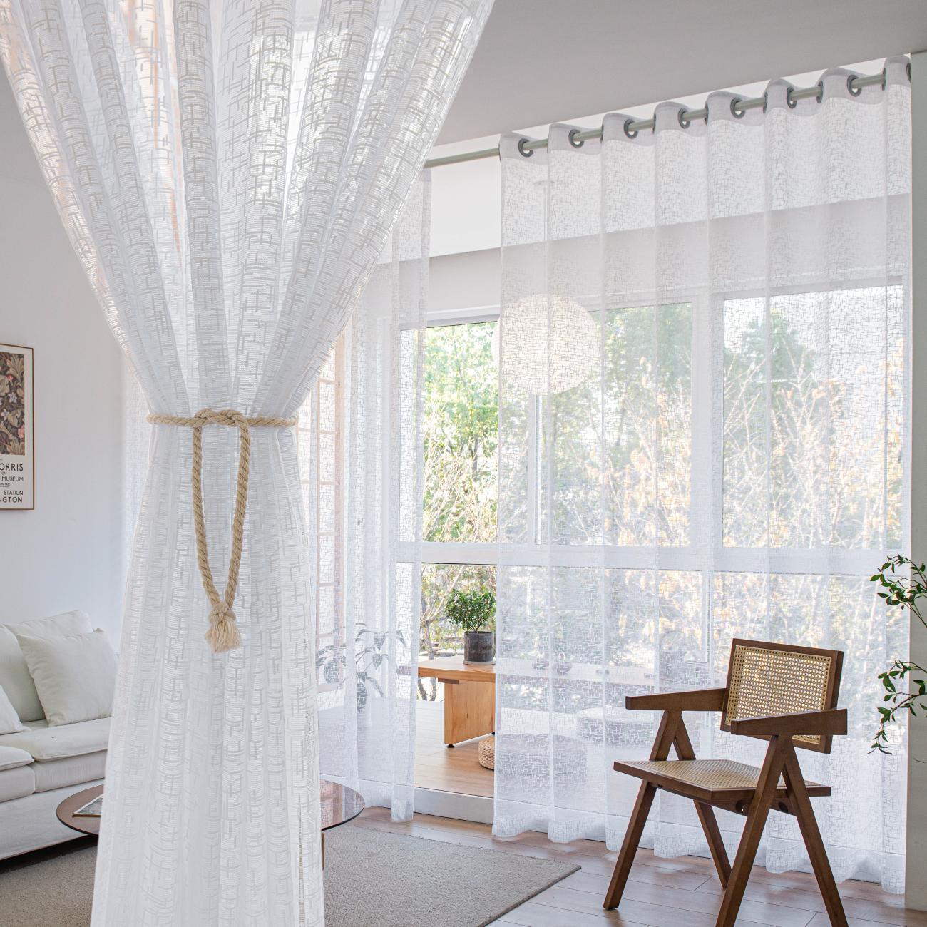 White Grid Pattern Sheer Voile Curtains Rod Pocket 2 Colors Bengaluru