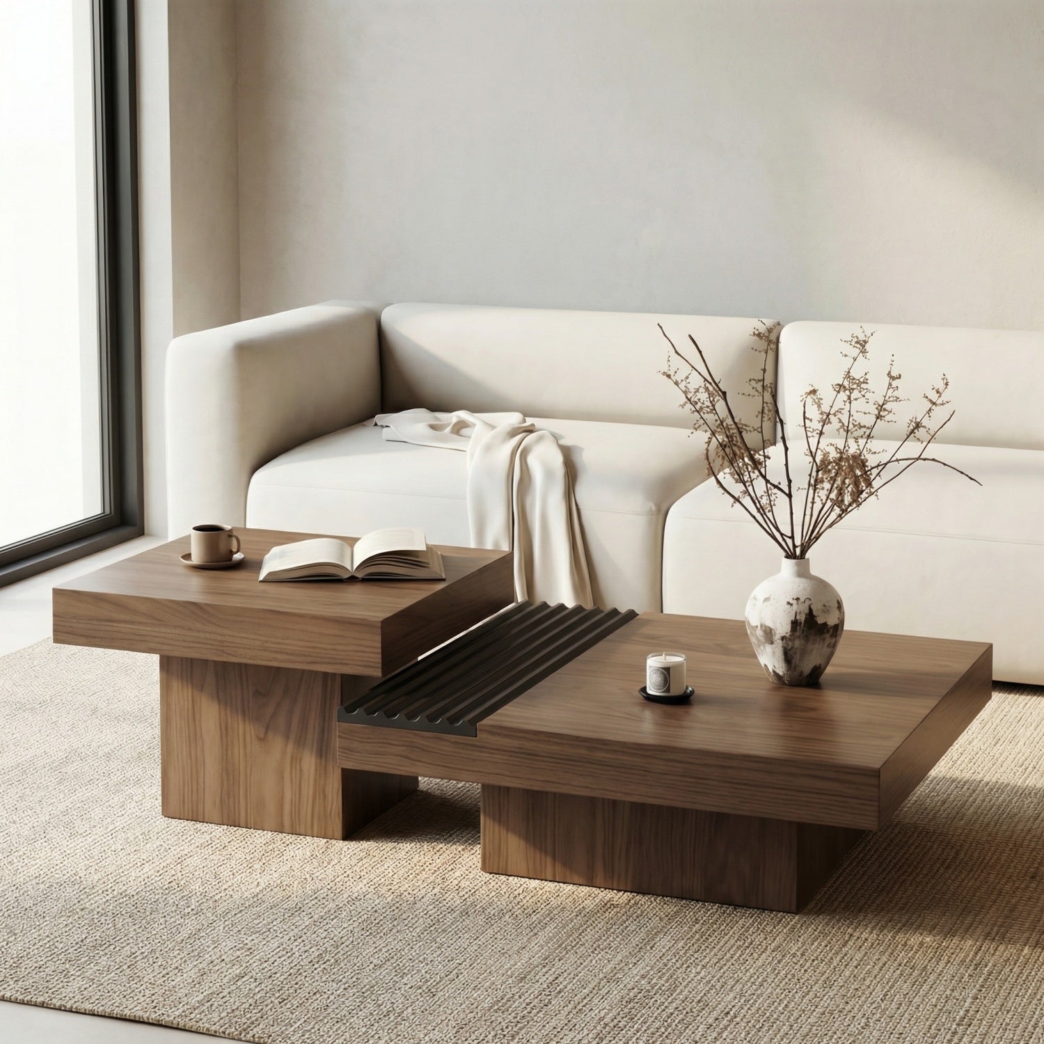 Square Coffee Table Set Walnut Floating Storage 2-Piece | Custom Made Direct From Manufacturer