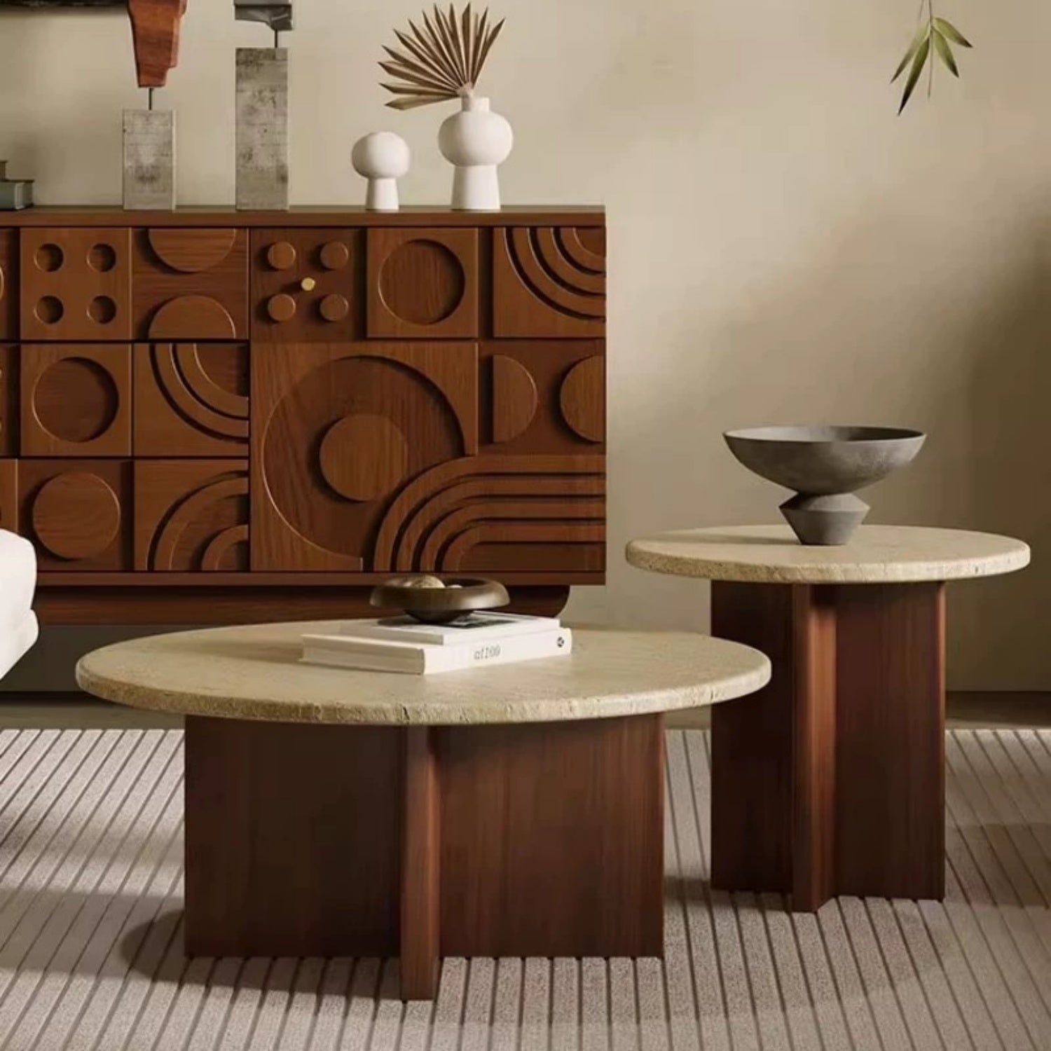 Travertine Stone Round Coffee Table Walnut Wood Legs 2-Piece | Custom Made Direct From Manufacturer