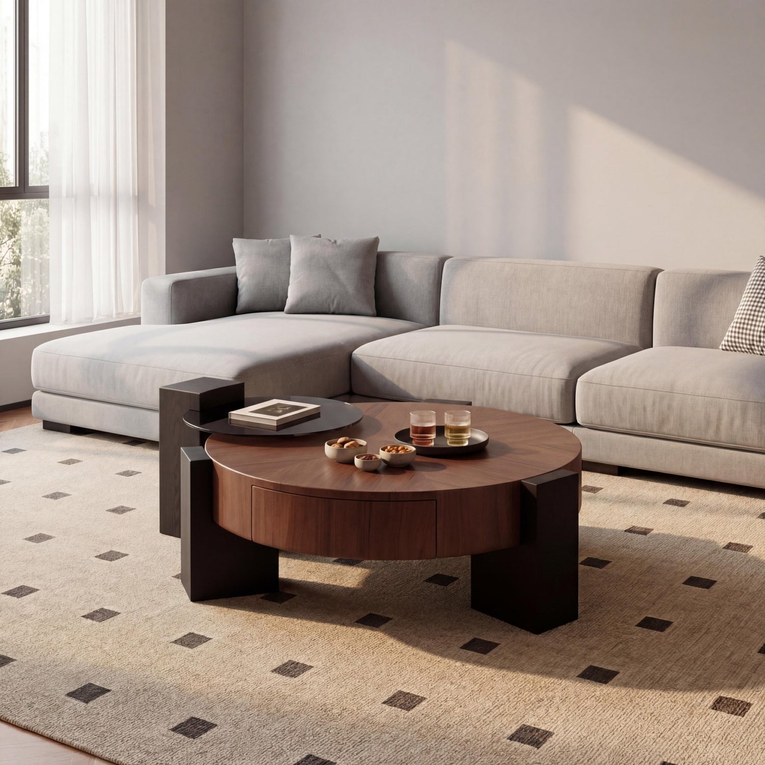 Coffee Table Set Walnut Round Glass Square Drawer 2-Piece Bengaluru | Custom Made Direct From Manufacturer