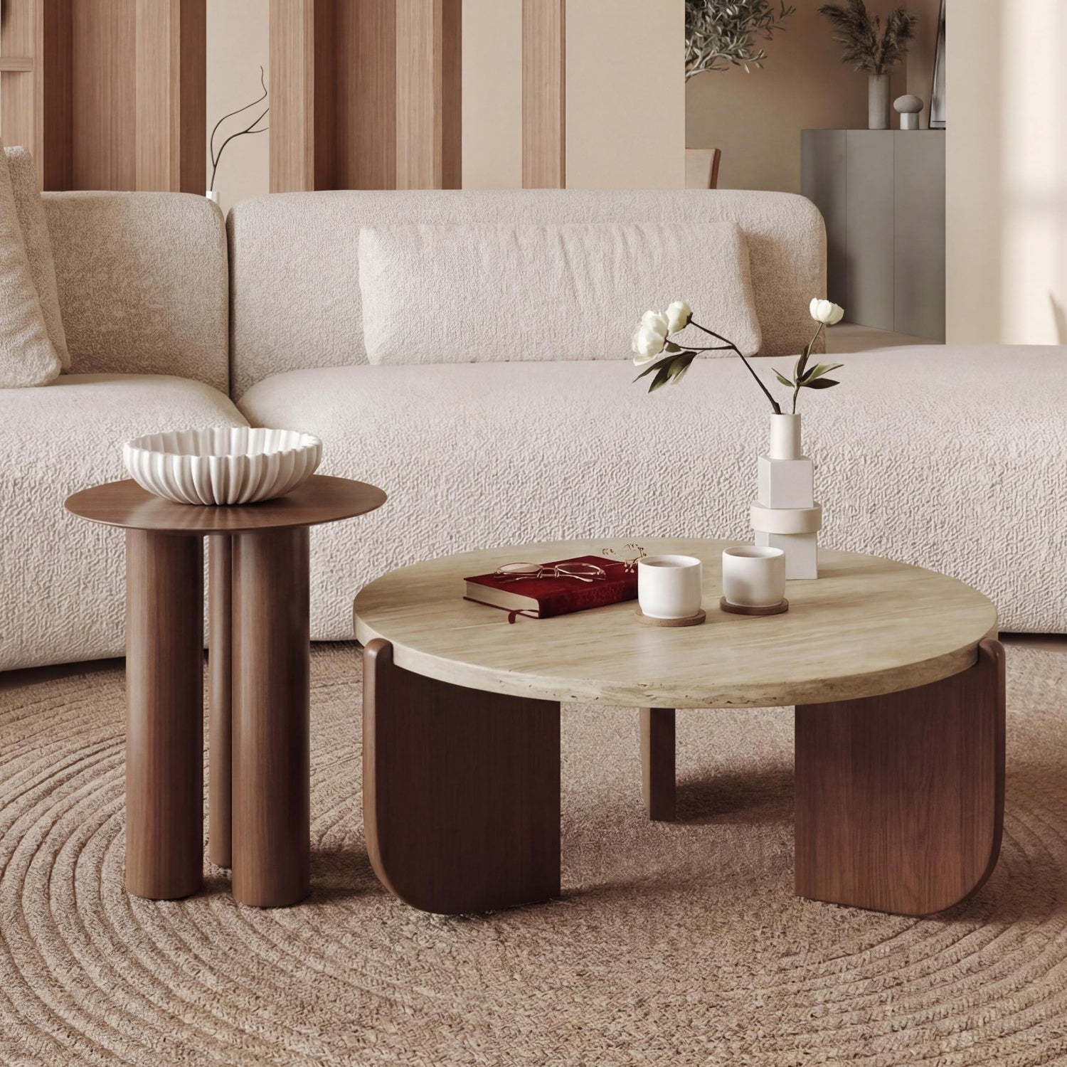 Travertine Stone Round Coffee Table Sculptural Arc Base 2-Piece | Custom Made Direct From Manufacturer