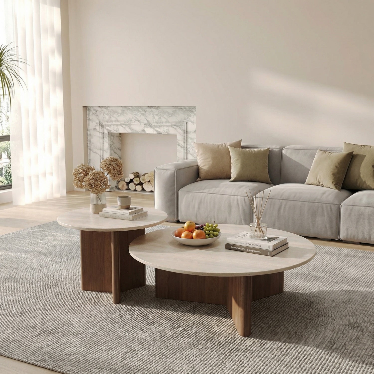 Travertine Stone Coffee Table Walnut Arc Base & Cylinder 2-Piece Bengaluru