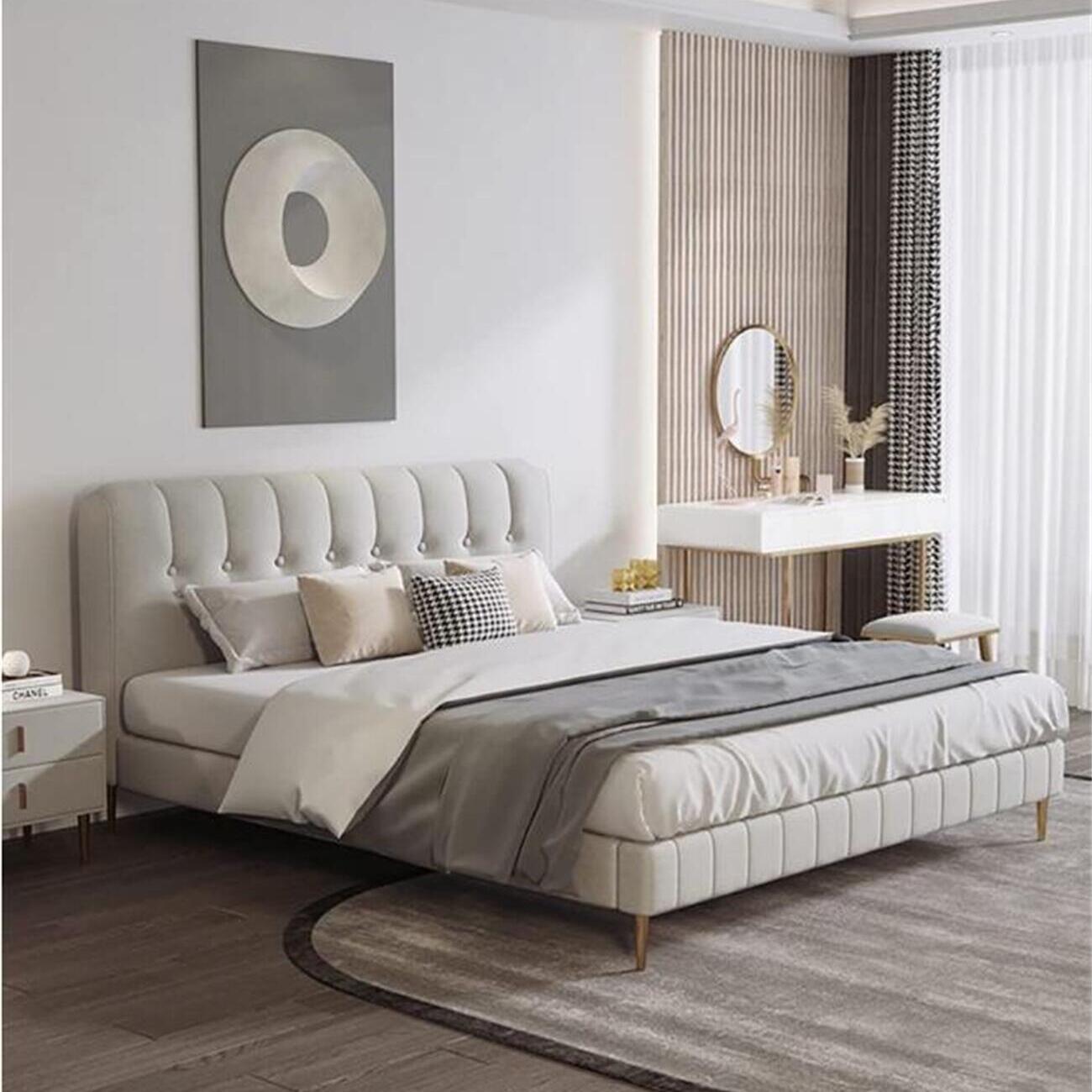 Beige Velvet Bed Frame Button Tufted Metal Legs