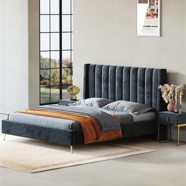 Dark Grey Velvet Bed With Metal Legs Platform