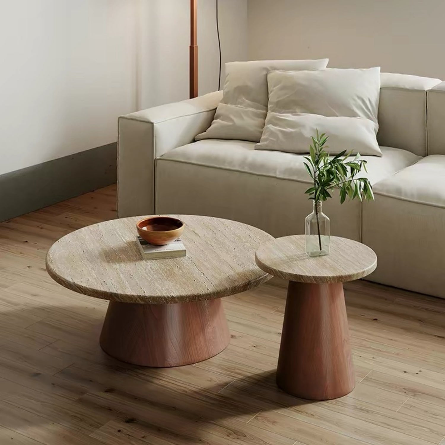 Travertine Stone Round Coffee Table Walnut Column 2-Piece | Custom Made Direct From Manufacturer