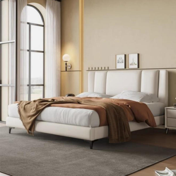 Beige PU Leather Bed Frame Padded Cushion Headboard