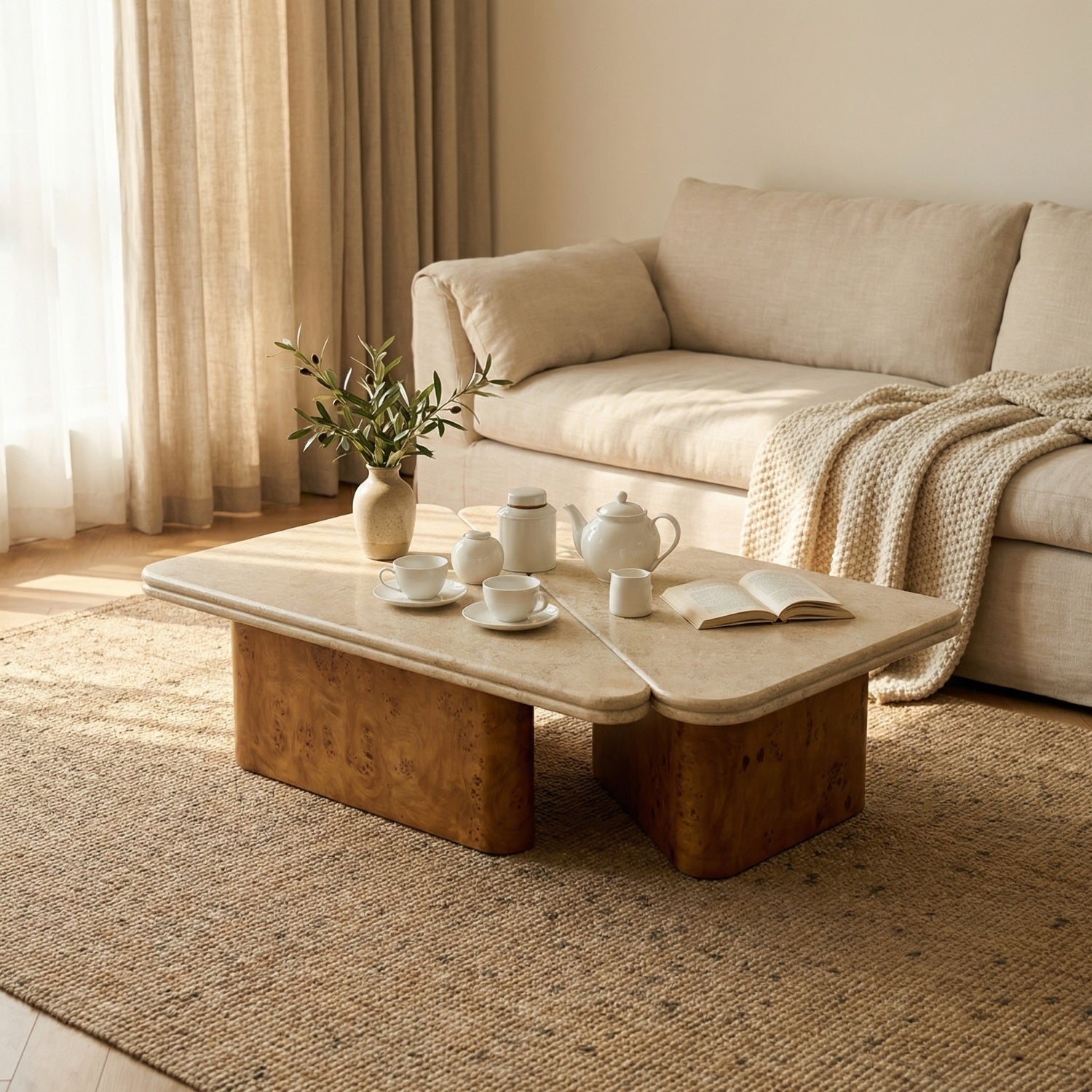 Triangle Travertine Stone Coffee Table Modular Walnut Bengaluru | Custom Made Direct From Manufacturer