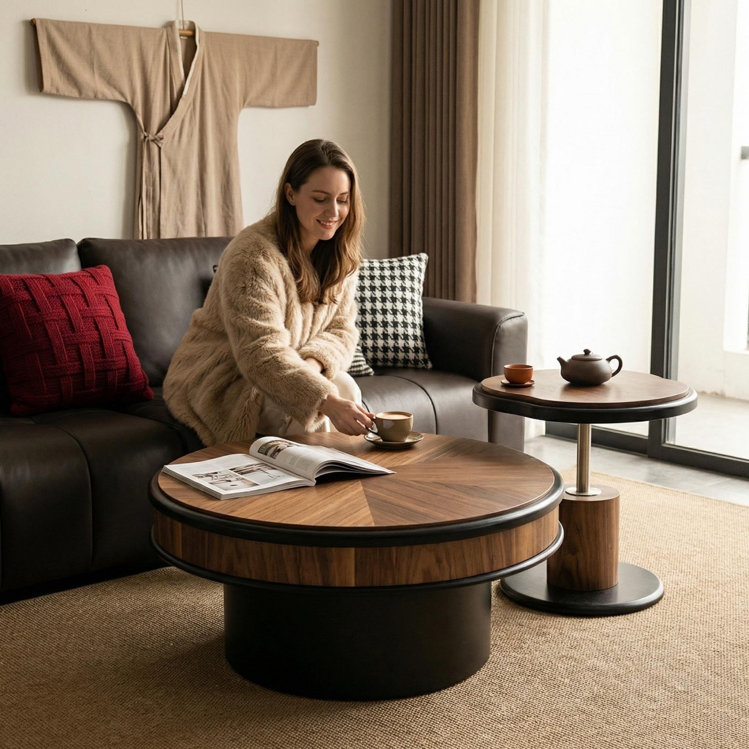 Round Coffee Table Set Walnut 2-Piece Dual Height Living Room | Custom Made Direct From Manufacturer