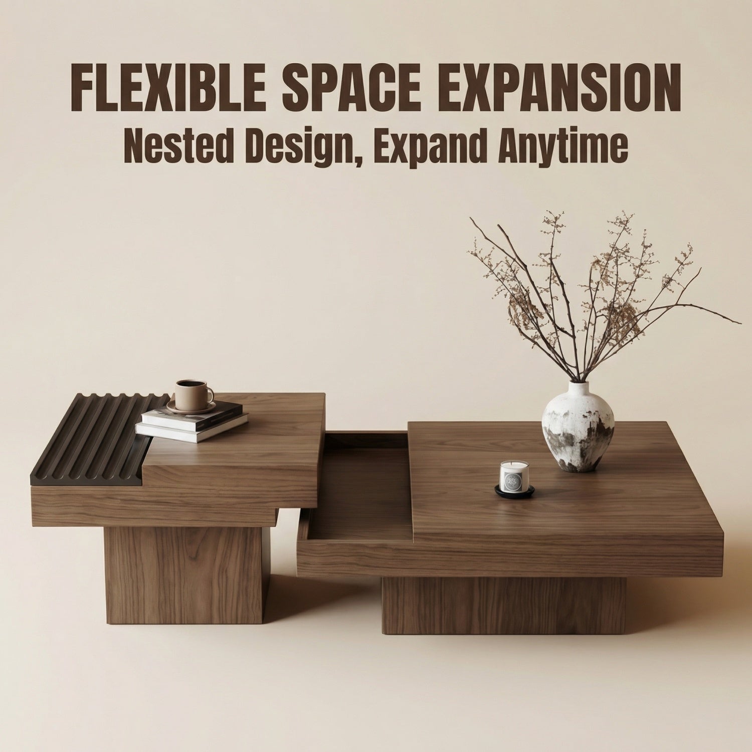 Square Coffee Table Set Walnut Floating Storage 2-Piece | Custom Made Direct From Manufacturer