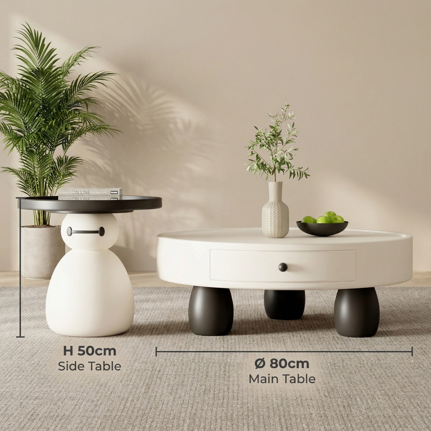 Snowman Coffee Table Set White Black 2-Piece Drawer | Custom Made Direct From Manufacturer