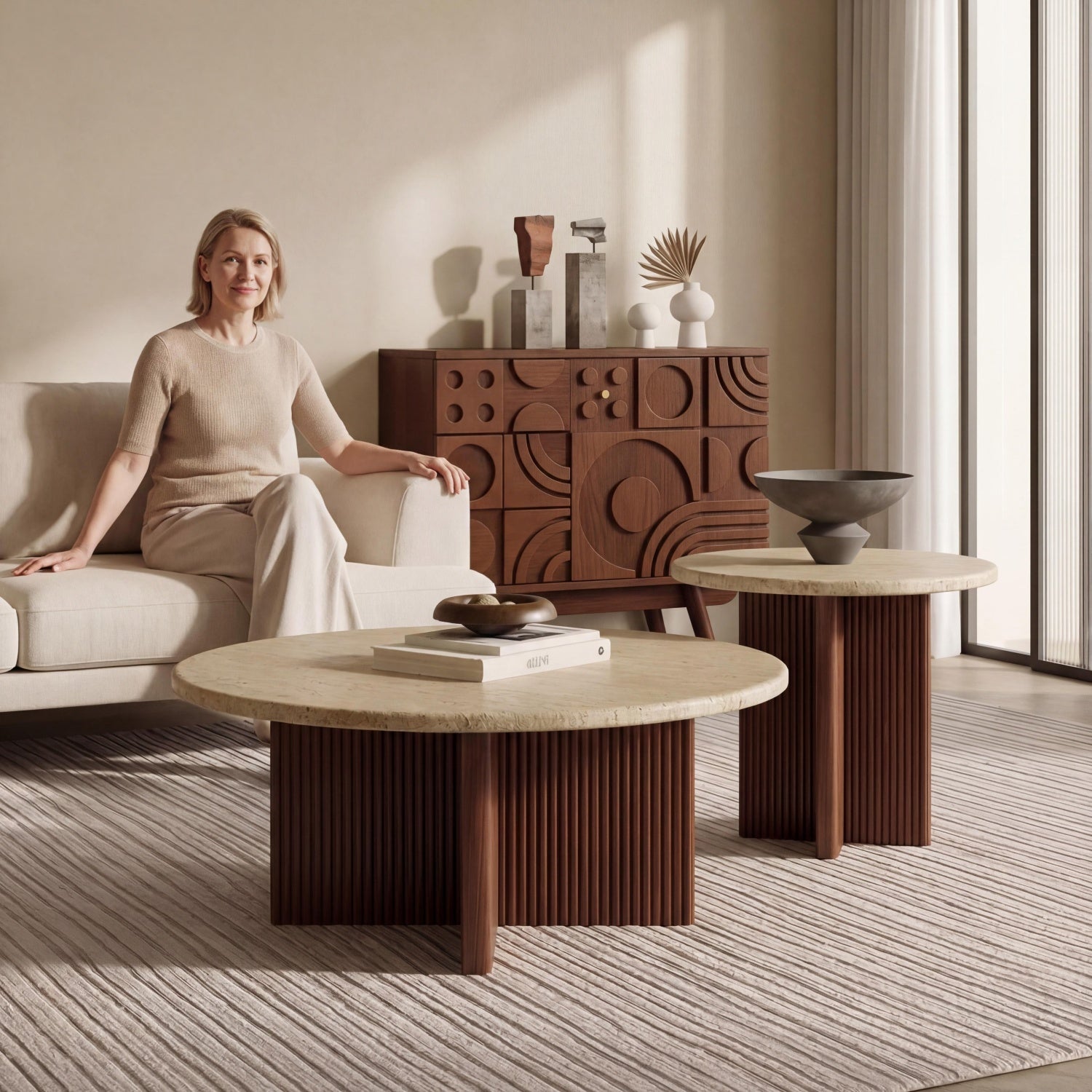 Travertine Stone Round Coffee Table Walnut Wood Legs 2-Piece | Custom Made Direct From Manufacturer