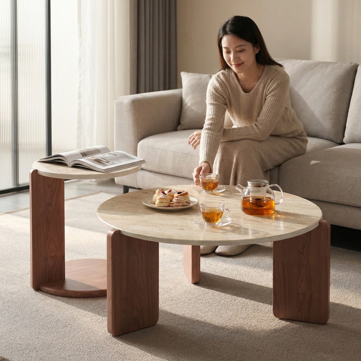 Travertine Stone Round Coffee Table Walnut Rect Base 2-Piece | Custom Made Direct From Manufacturer