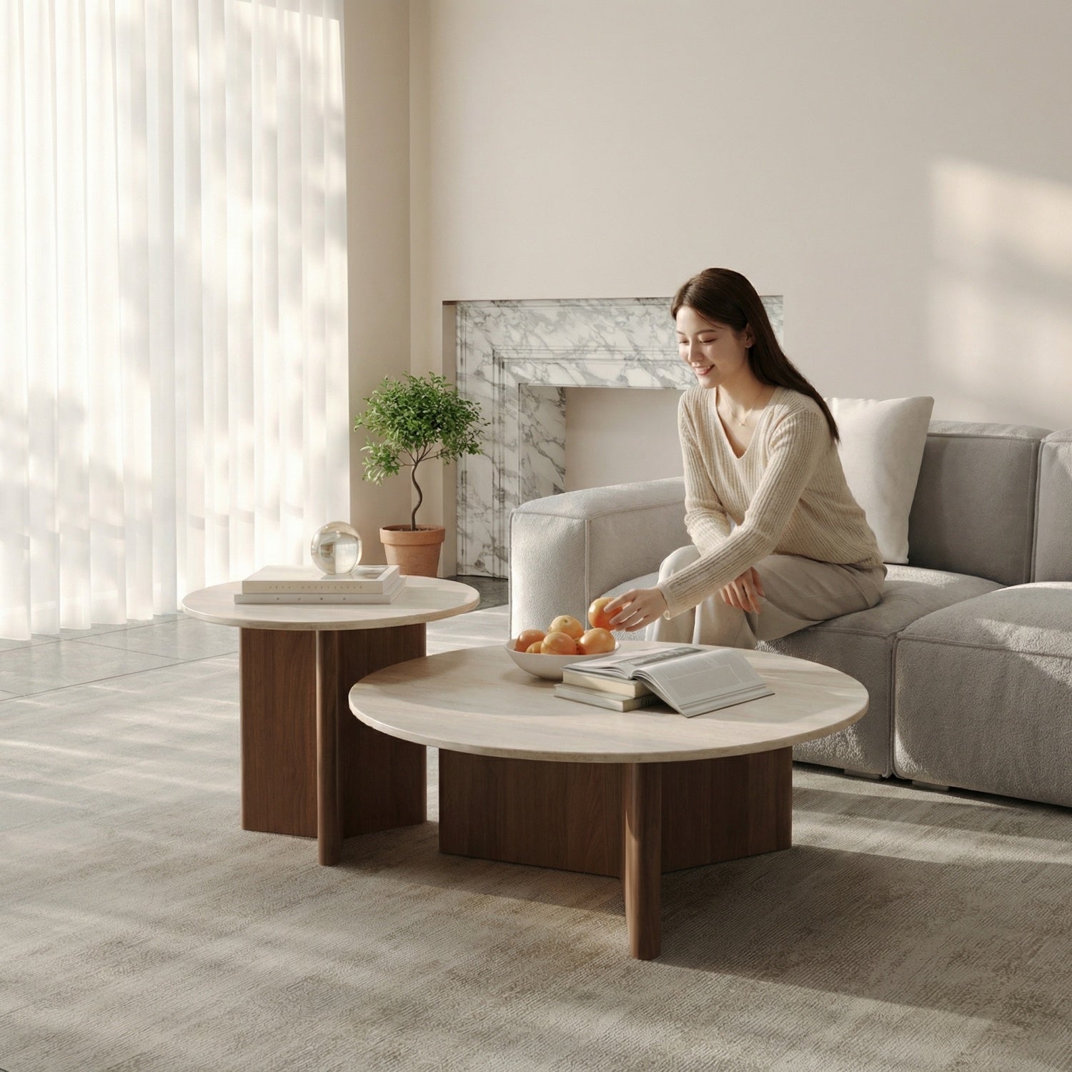 Travertine Stone Coffee Table Walnut Arc Base & Cylinder 2-Piece Bengaluru