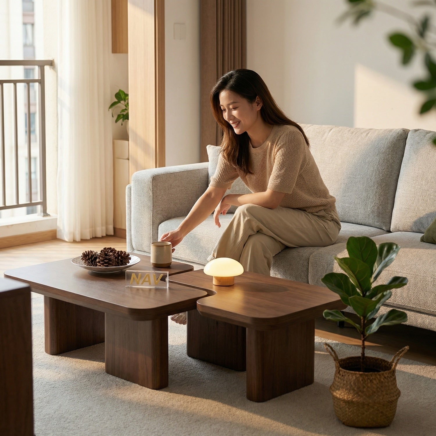 Rectangular Coffee Table Set Walnut Asymmetric 2-Piece Bengaluru | Custom Made Direct From Manufacturer