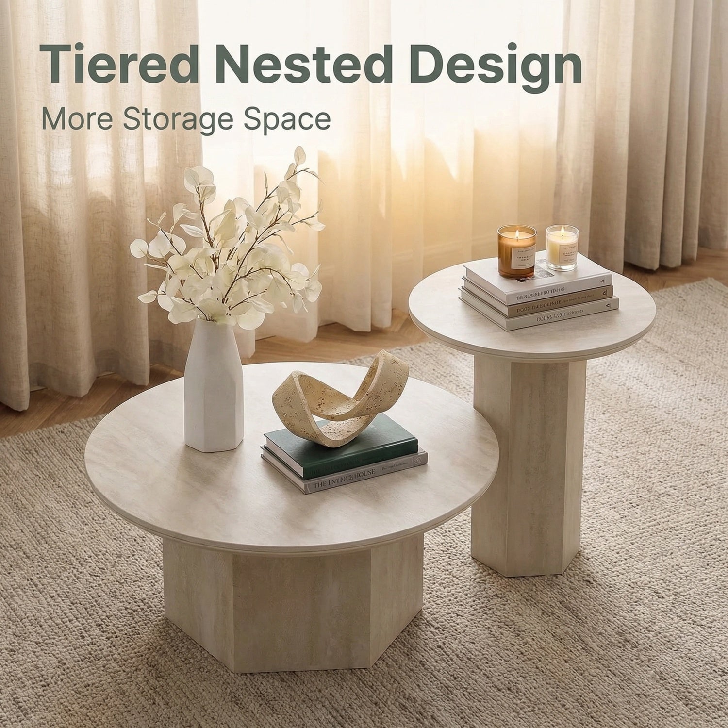 Travertine Stone Round Coffee Table Set Column Base 2-Piece Bengaluru