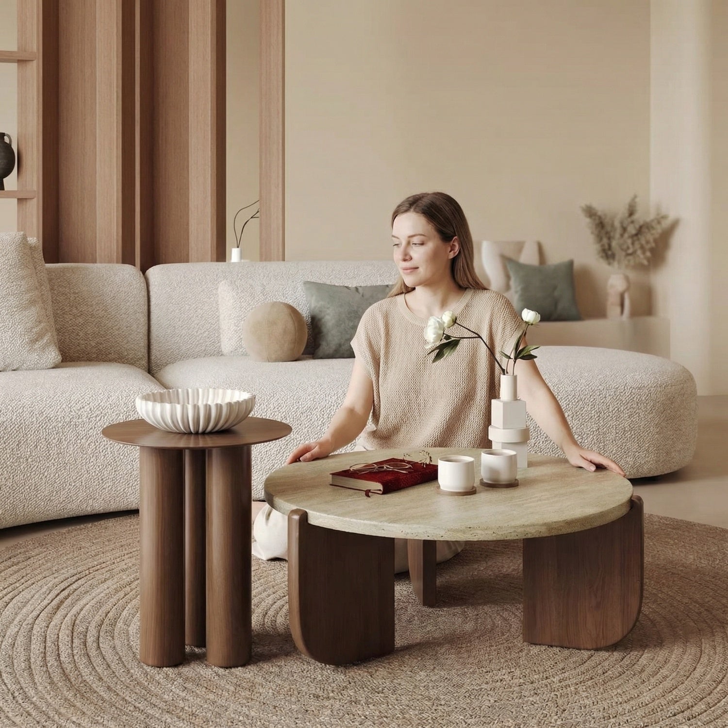 Travertine Stone Round Coffee Table Sculptural Arc Base 2-Piece | Custom Made Direct From Manufacturer
