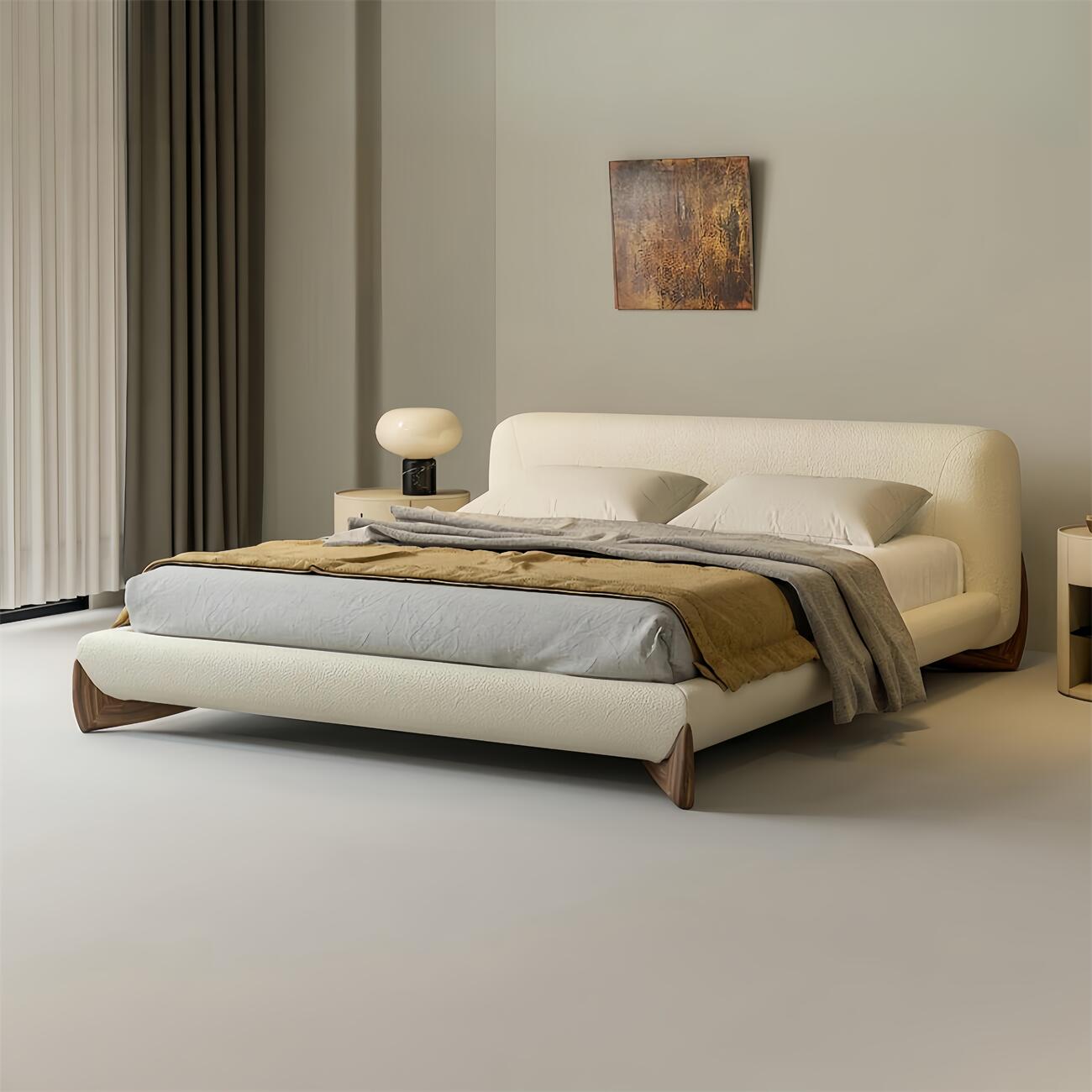 Sherpa Bed Frame Cream Walnut Legs Low Profile
