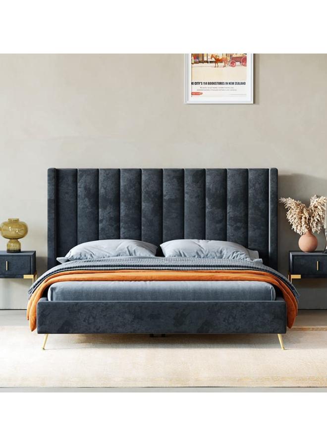 Dark Grey Velvet Bed With Metal Legs Platform