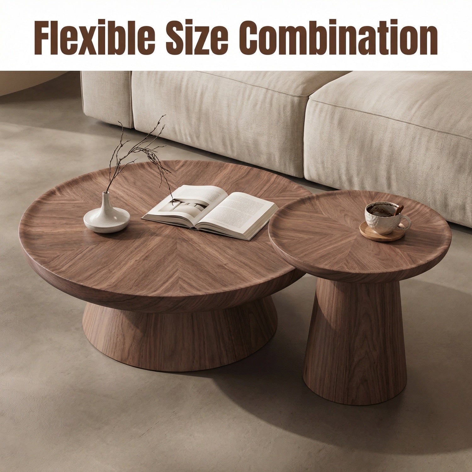 Round Coffee Table Set Walnut Dual Height 2-Piece | Custom Made Direct From Manufacturer
