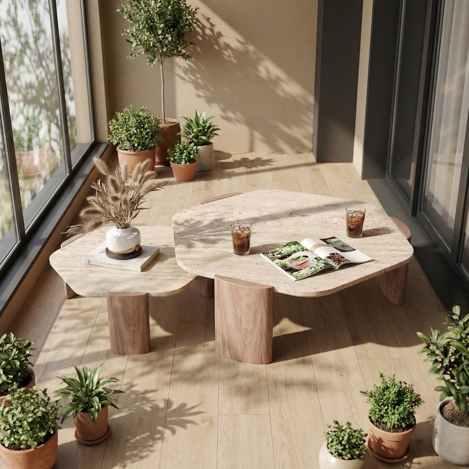 Hexagon Travertine Stone Coffee Table Walnut Frame Bengaluru | Custom Made Direct From Manufacturer