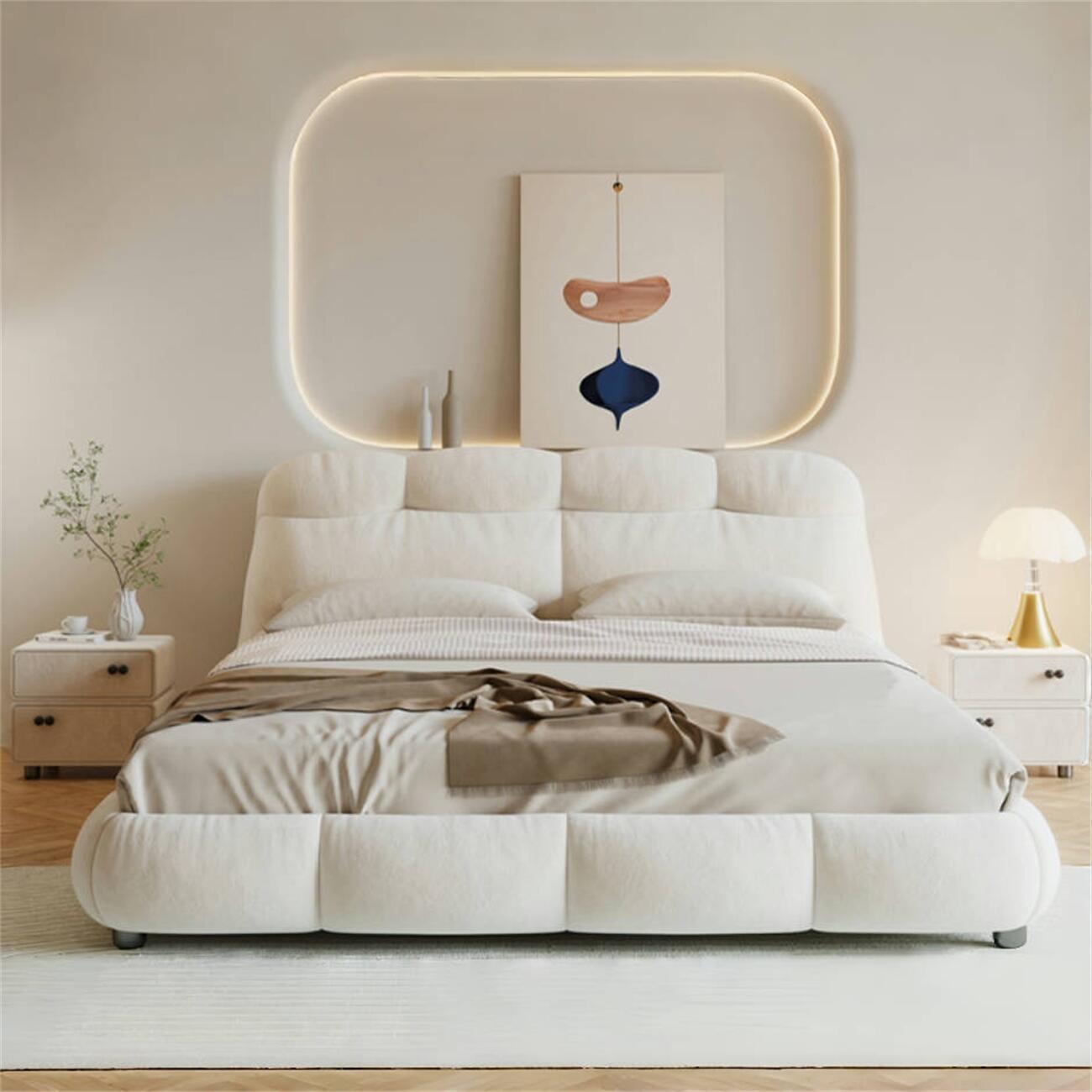 Fleece Off-White Bed Frame for Bedroom