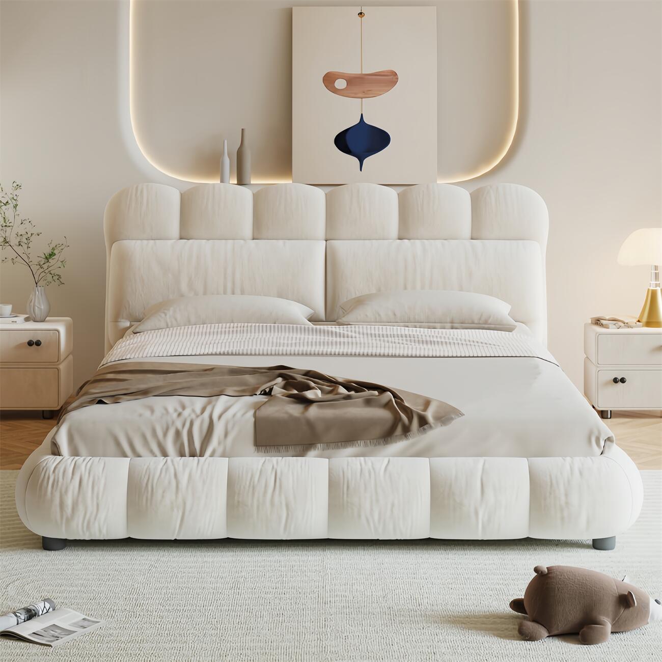 Japandi Style Fleece Bed Frame for Bedroom