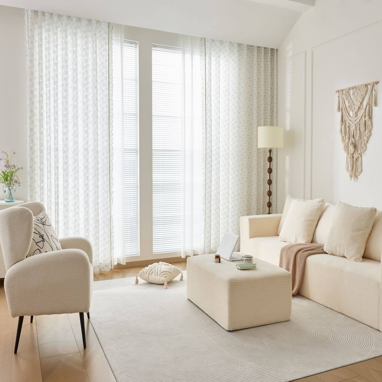 White Embroidered Sheer Curtains Geometric Pattern Voile Bengaluru