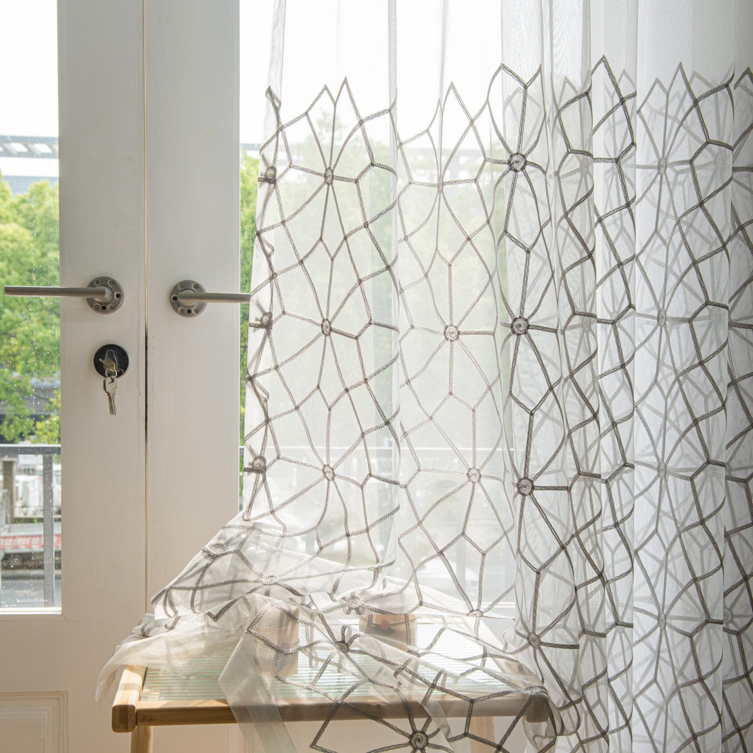 White Grey Embroidered Line Sheer Curtains Rod Pocket 2 Colors Bengaluru