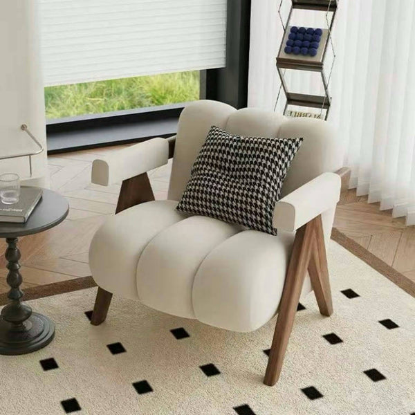 Modern Lounge Beige Fabric Wood Armrests Accent Chair