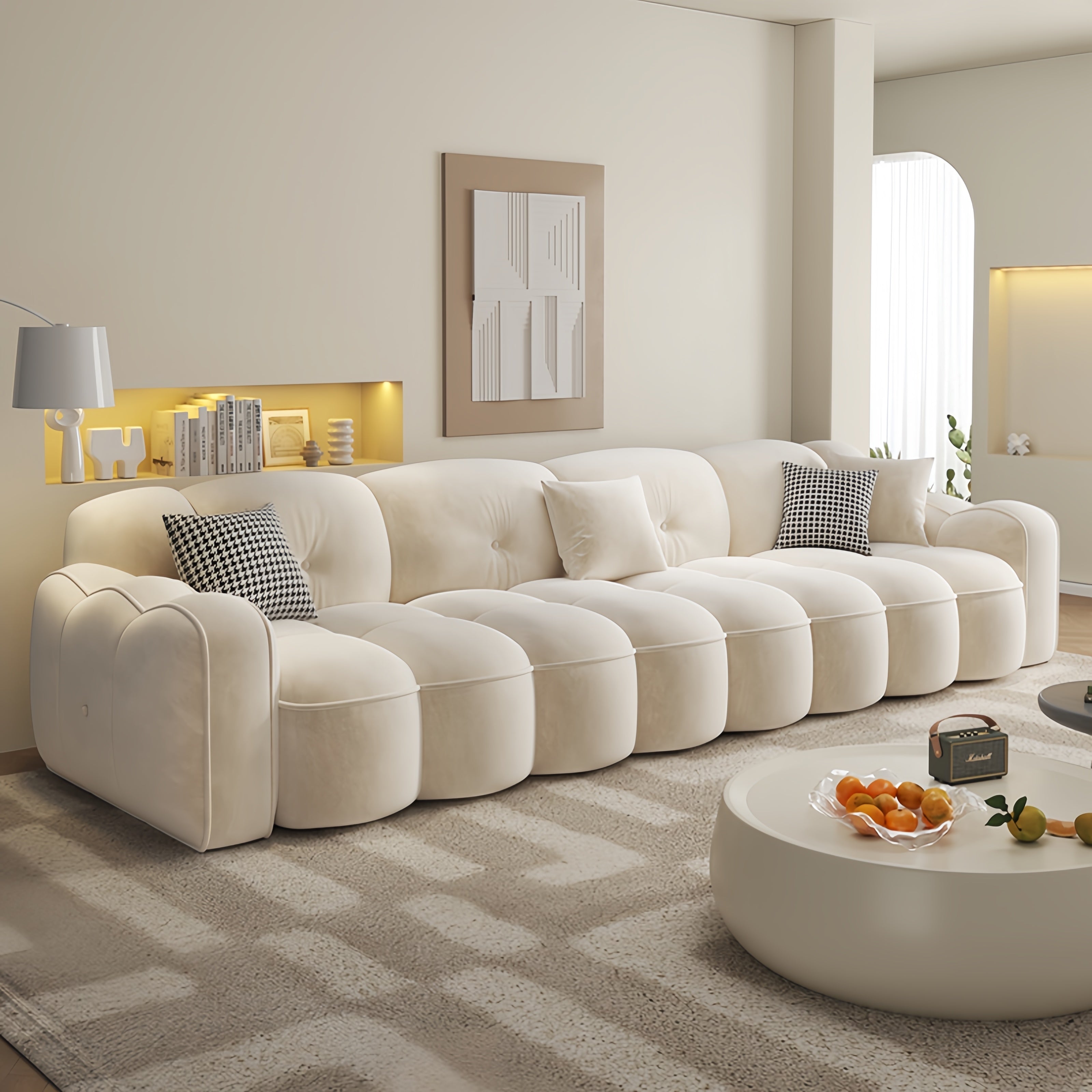 Wave Back Sofa Fleece Tufted 1-4 Seat Footstool Cream