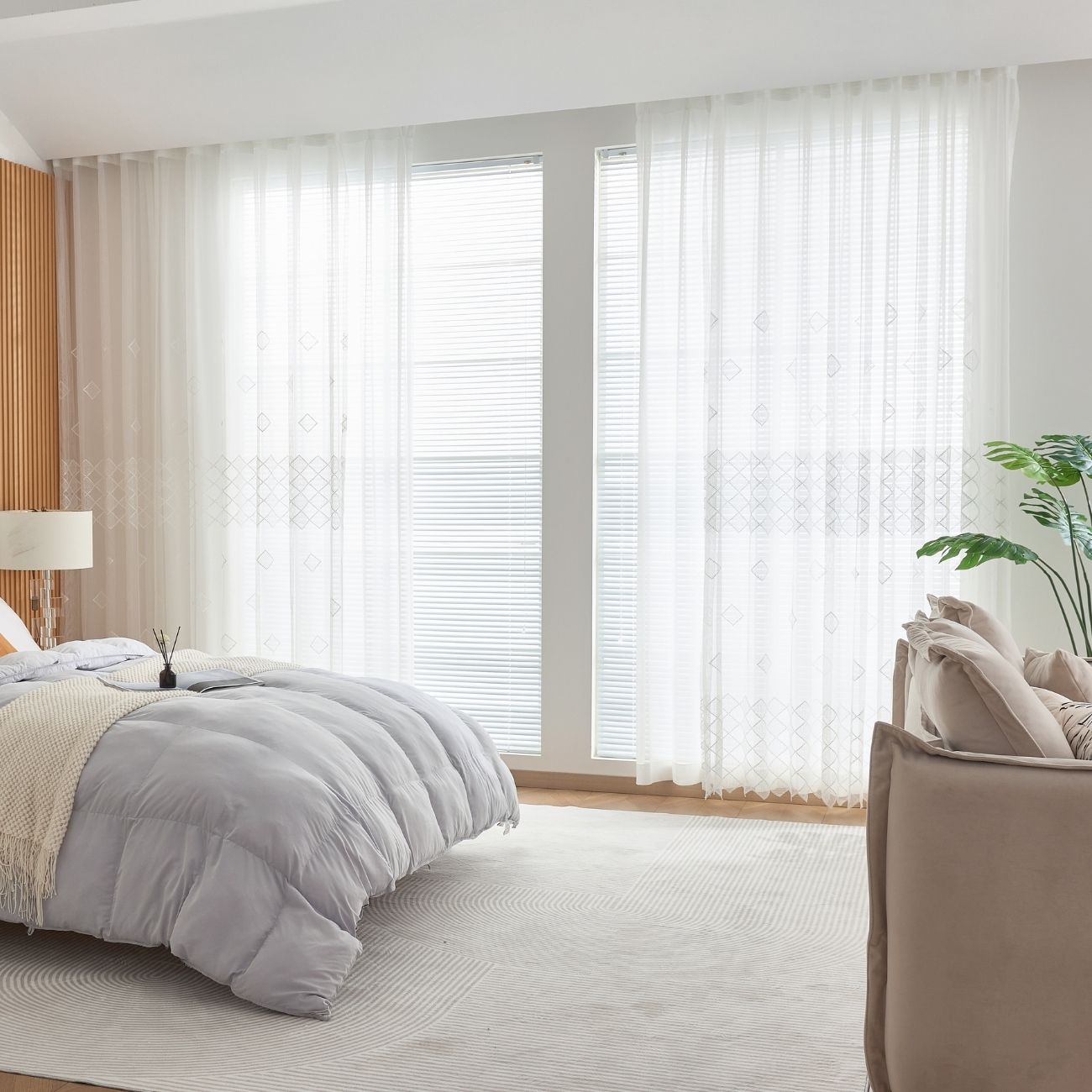White Sheer Curtains Diamond Pattern Geometric Embroidery Bengaluru