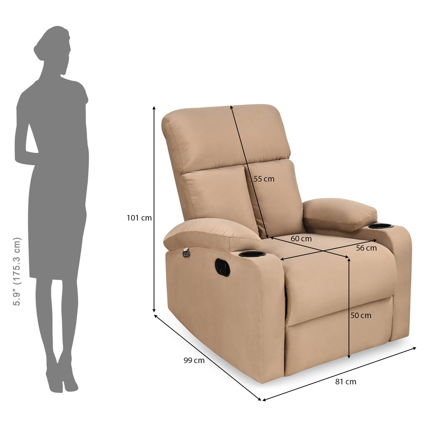 Lazio 1 Seater Manual Recliner with Cup Stand- Sand Brown Alt View 14