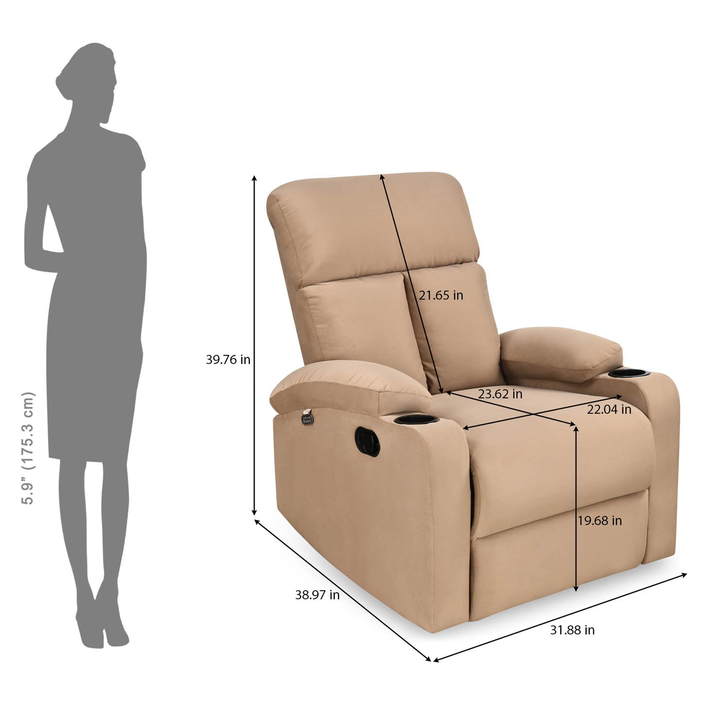 Lazio 1 Seater Manual Recliner with Cup Stand- Sand Brown Alt View 15