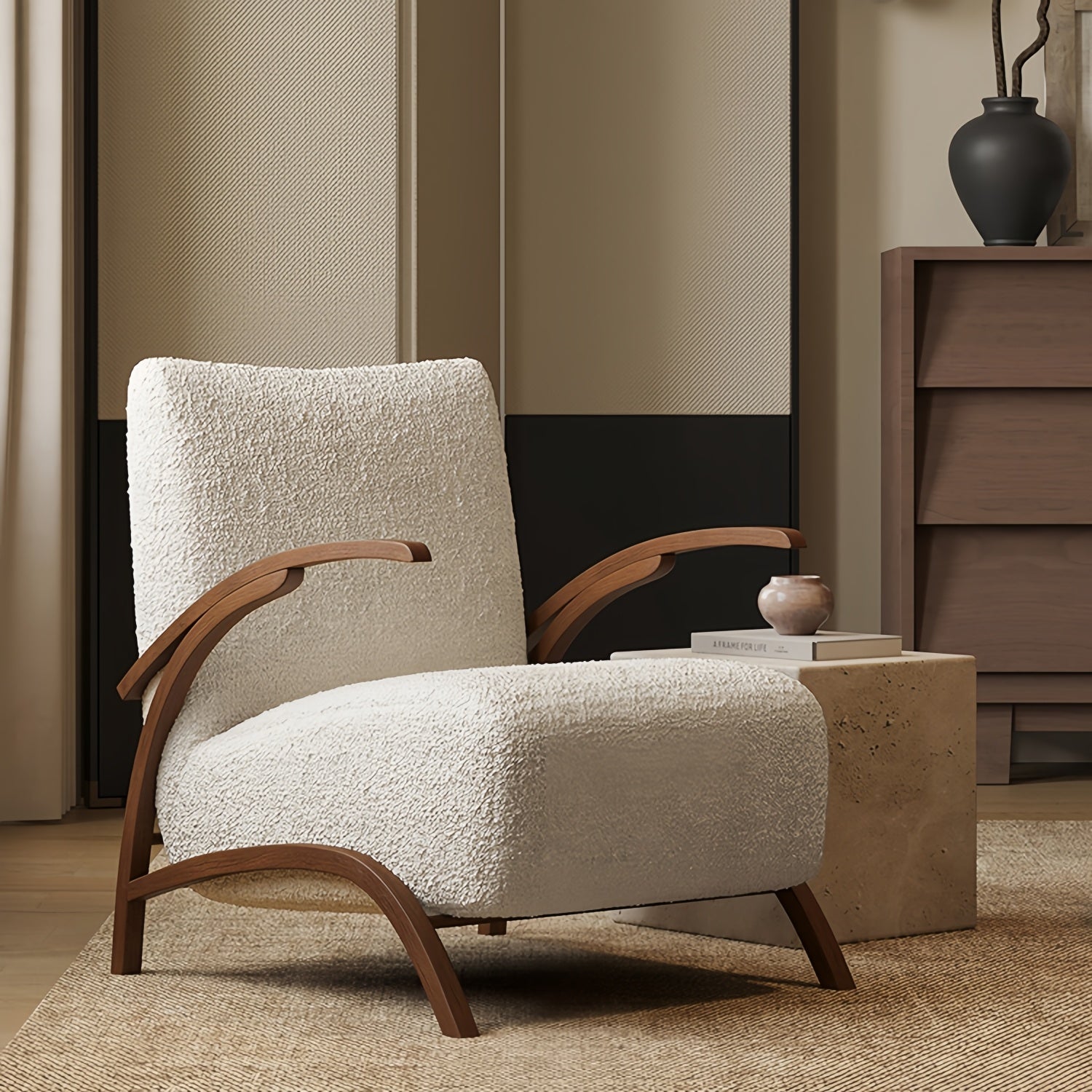 Aida Walnut Tone Wood Sherpa Elegant Chair For Living Room | Custom Made Direct From Manufacturer