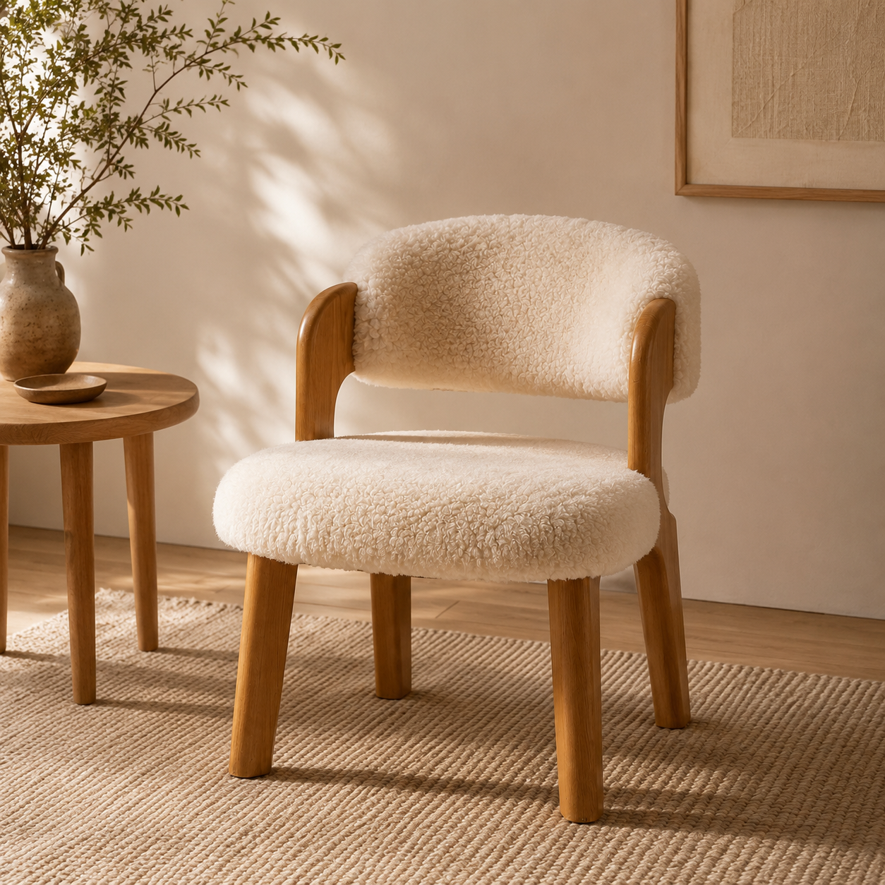 Audrey Sherpa Fleece Natural Wood Frame Cozy Chair | Custom Made Direct From Manufacturer