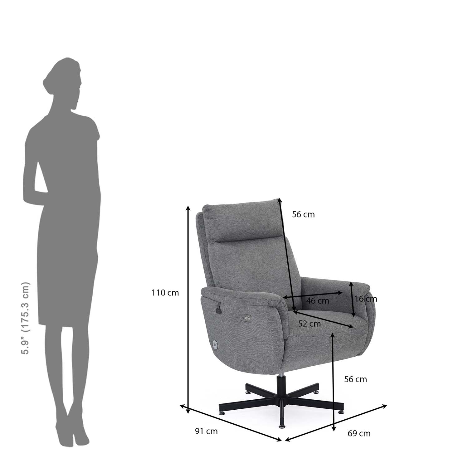 Regno 1 Seater 360-Degree Swivel Electric Recliner - Grey Alt View 14