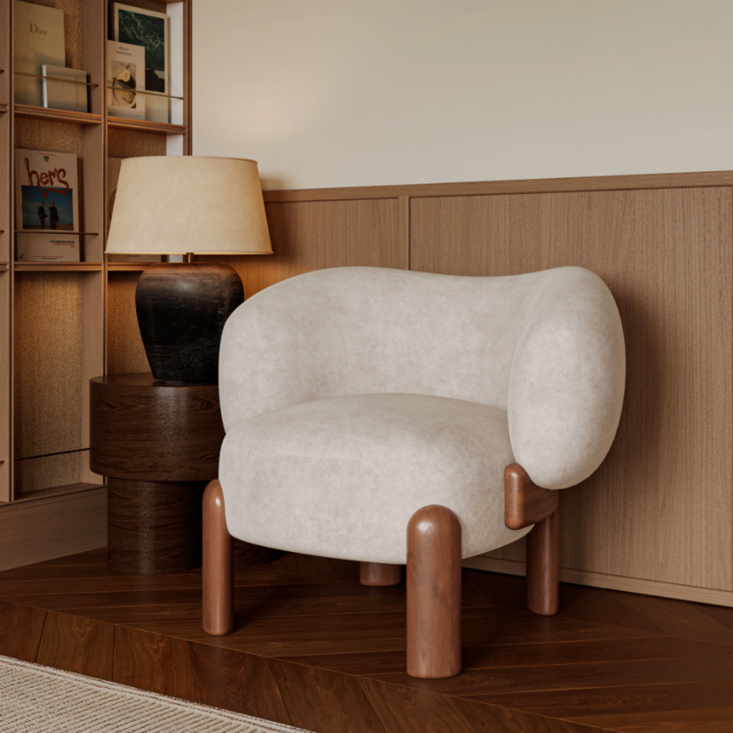 Beige Velvet Armchair Rounded Design Wood Legs Modern Bengaluru | Somuch Living